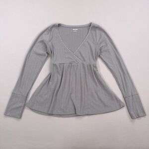 Hollister Easy Long Sleeve Pointelle Babydoll Top MEDIUM Brown Taupe V Neck Y2K